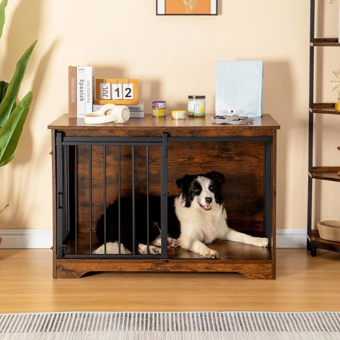 100cm Cage pour Chiens, Table d’Appoint, Niche Moderne pour Chiens, Cage pour Chiots, Maisonnette pour Animaux, 2 Portes