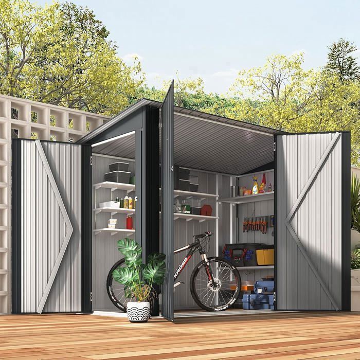 Caseta de jardín metálica YODOLLA de 2,65 m², 3 puertas correderas, techo inclinado, para bicicletas/motos - 225x118x170 cm - Gris