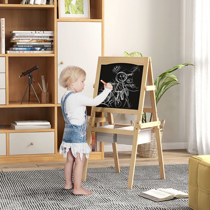 Pizarra de caballete - AIYAPLAY - pizarra blanca de doble cara para niños, rollo de papel, cestas - madera de pino - natural