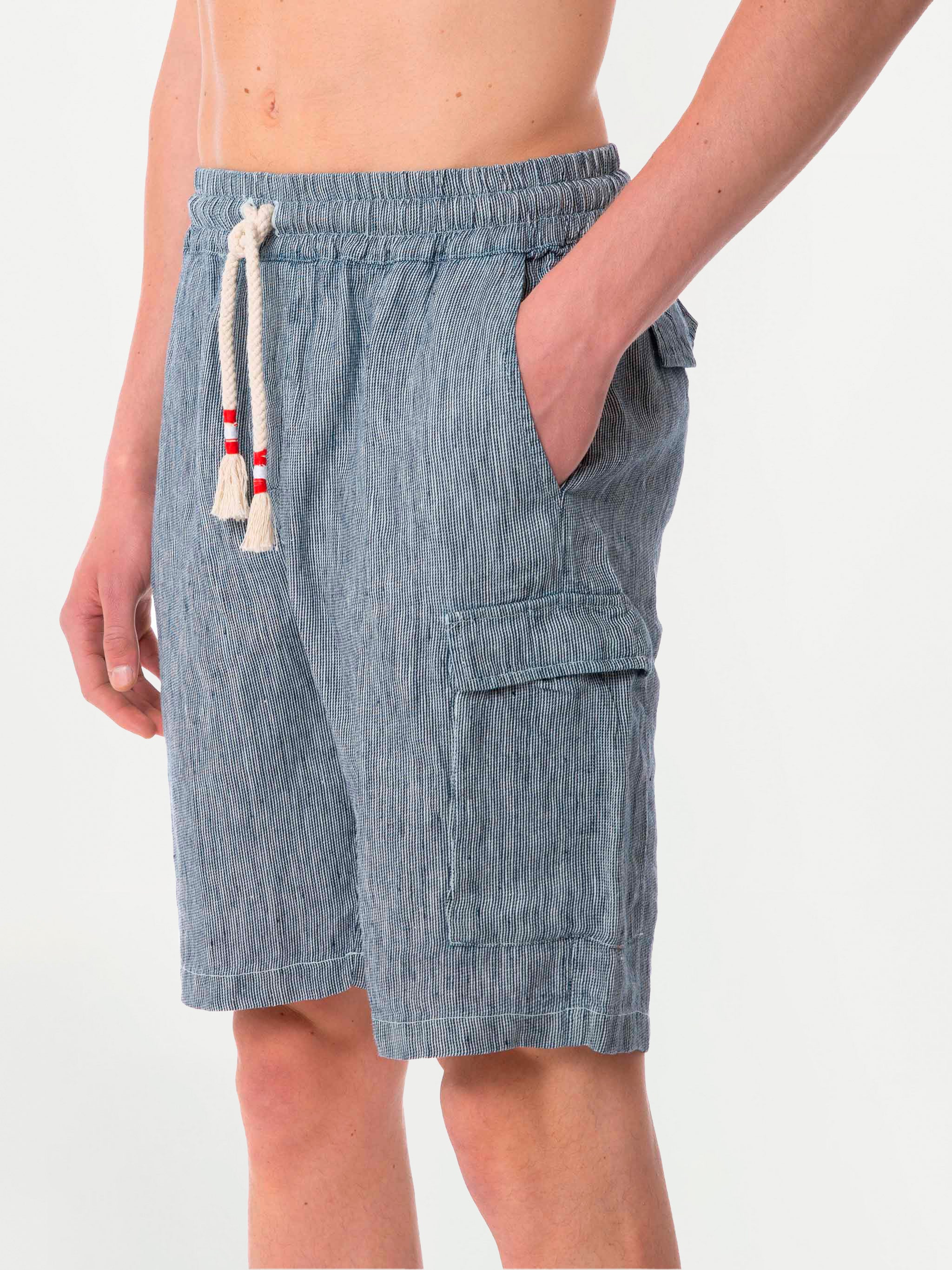 Bermuda in lino color denim a righe