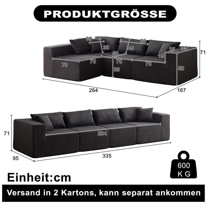 DRIPEX Canapé modulable 4 places en velours côtelé 335CM,Canapé compressé rembourré avec 4 coussins,combinaison libre,Noir