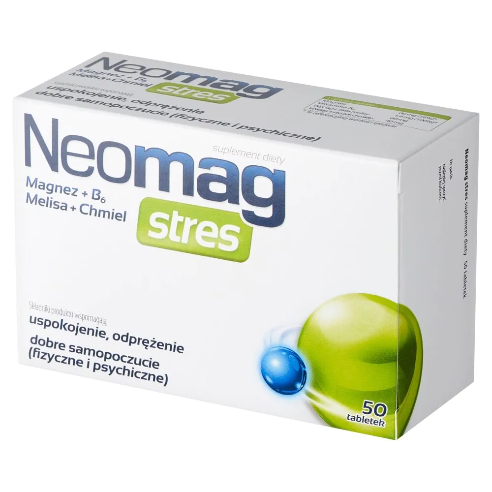 Neomag Stres, Suplement diety z magnezem, witaminą B6, melisą i chmielem, Tabletki