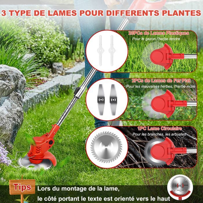 Débroussailleuse sans fil 21V - Coupe bordures avec Capot de protection, 2 batteries et chargeur pour Jardin, Léger et Facile