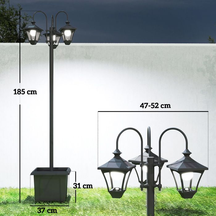 Lampadaire extérieur - Outsunny - 3 têtes LED, avec bac à fleurs, étanche, hauteur réglable - acier abs - 52x52x185cm - noir