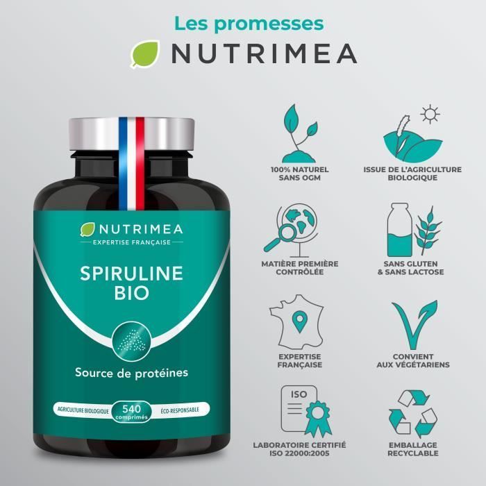 Spiruline BIO pure certifiée AB sans excipient - 540 Comprimés 500 mg - Protéines, vitamines, oligo-éléments et caroténoïdes -