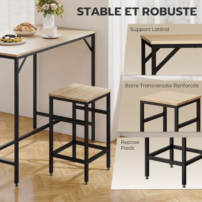 Conjunto de mesa de bar - HOMCOM - estilo industrial + 4 taburetes de roble claro - metal y madera - negro