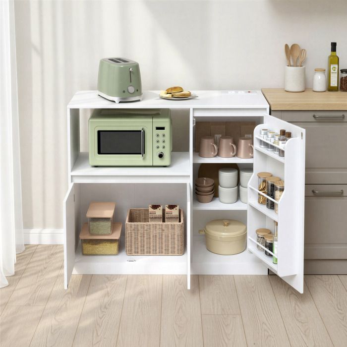 Keukenkast, buffetkast met magnetronplank, 3 deuren, werkblad, open vak, wit