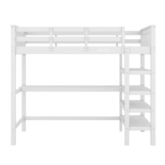Lit mezzanine enfant 90x200cm avec bureau et étagère de rangement en bois massif Blanc