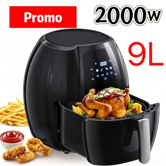Fritteuse, Heißluftfritteuse mit Öl, 2000 W/9 l, mit 8 Programmen von 80 °C bis 200 °C, Verbrühungsschutztasten, ölfreies Frittieren