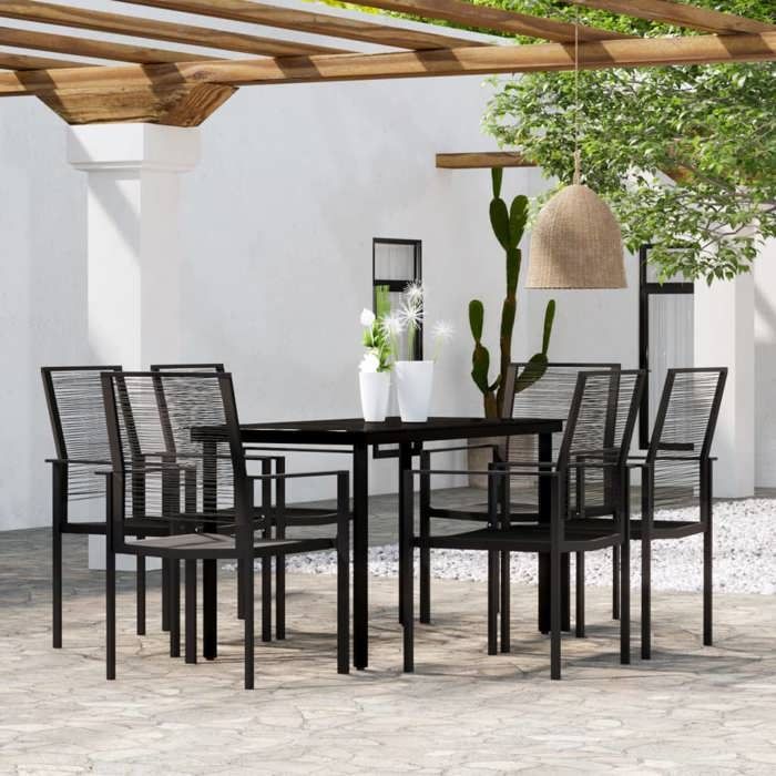 Tuineetset - BURKE - 7-delig - Zwart - Tafel 140x70x74 cm - Stoelen 60x55x90 cm