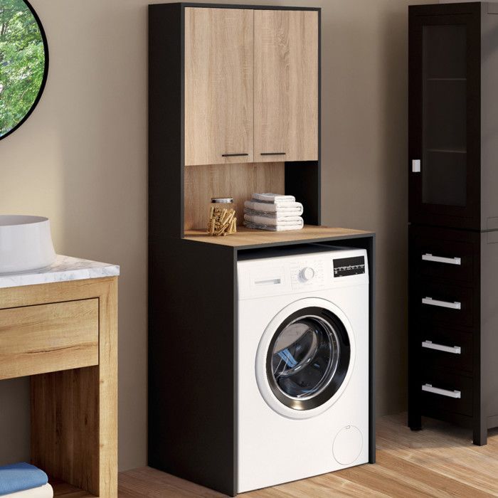 Mobile per lavatrice IDMARKET WALLIS con ante nere e legno effetto faggio