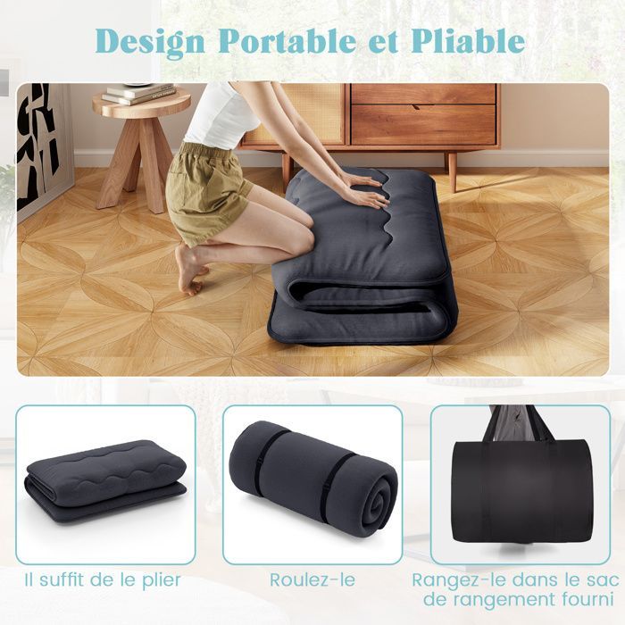 COSTWAY Matelas Futon 90 x 200 CM, Surmatelas Amovible Lavable, Matelas de Sol Portable avec Sac de Transport pour Camping, Noir