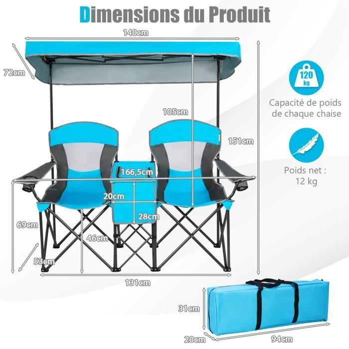 Silla/sillón plegable de camping para 2 personas - COSTWAY - Parasol extraíble y ajustable - Bolsa isotérmica - Azul