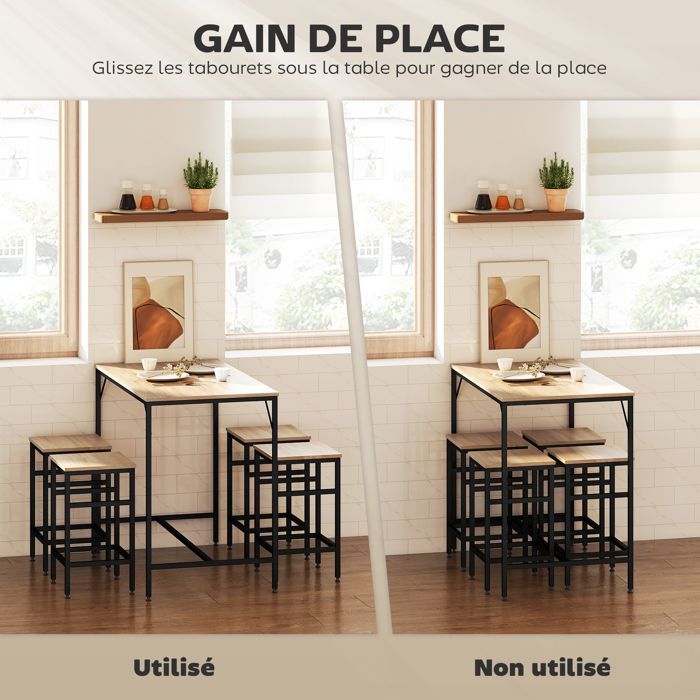 Conjunto de mesa de bar - HOMCOM - estilo industrial + 4 taburetes de roble claro - metal y madera - negro