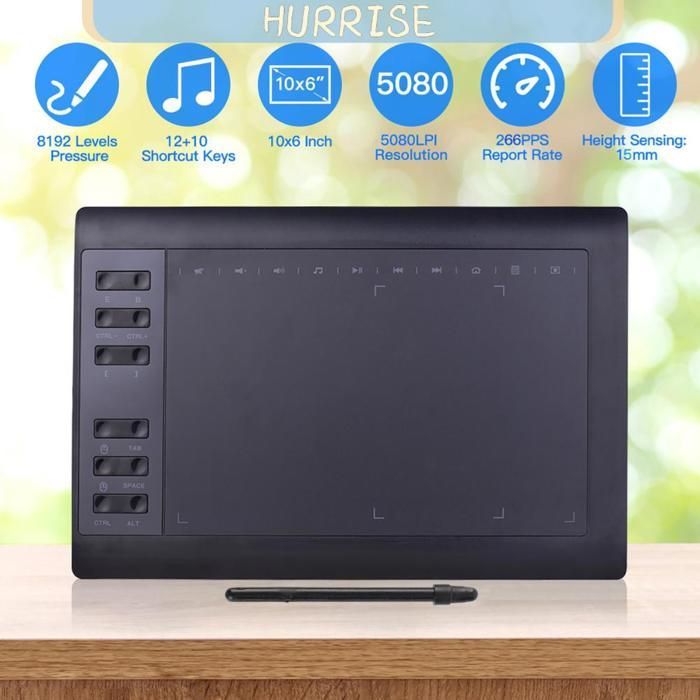 HURRISE Tablette de dessin graphiques Tablette de dessin graphique professionnel de 10 x 6 pouces 12 materiel Forfait Noir 3