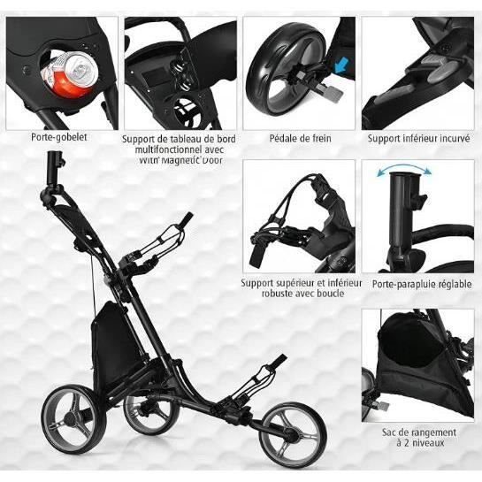 GYMAX Chariot de Golf Pliable à 3 Roues en Aluminium avec Poignée Réglable, Roue Arrière avec Frein et Porte-Parapluie, Gris