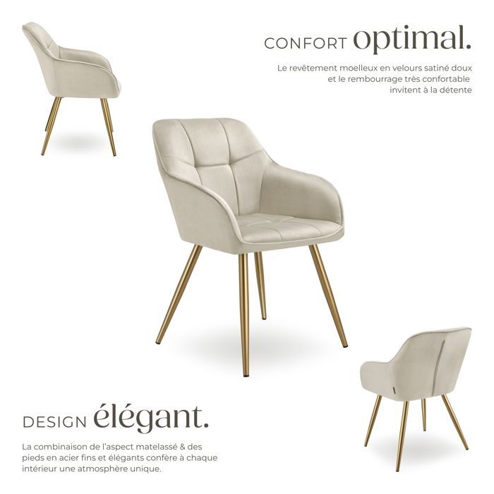 Chaises - TECTAKE - Lot de 4 fauteuils de salle à manger MARYLIN aspect velours avec pieds en acier doré - Crème/Or