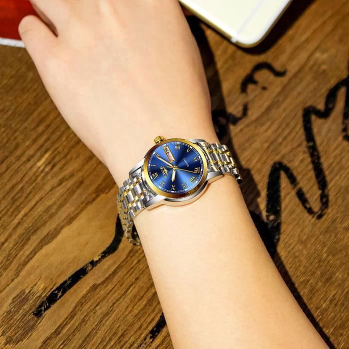 Orologio da donna SHARPHY con bracciale in acciaio, numeri romani, indicazione di data e giorno della settimana, blu - Regalo di Natale per donne