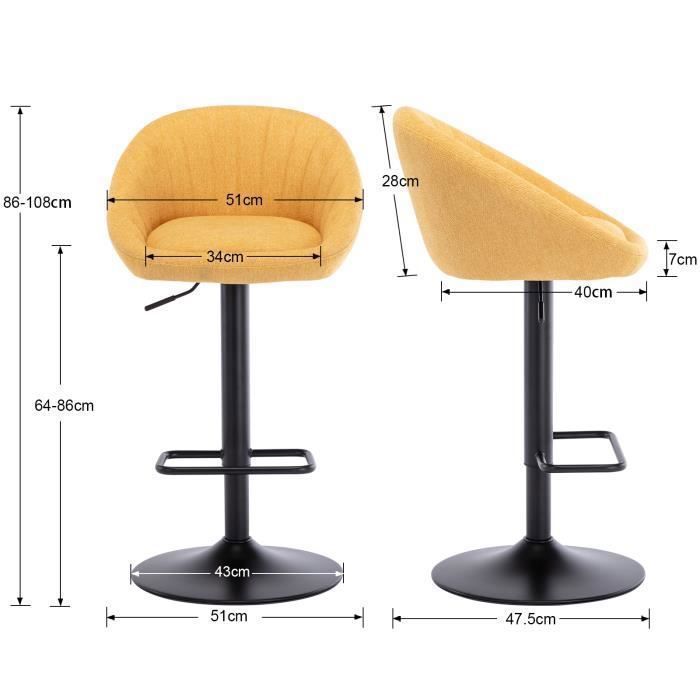 Wahson Tabouret de Bar Lot de 2 Chaise Bar Haute en Tissu avec Repose-Pieds Tabourets Hauts pour Bar-Cuisine (Jaune)