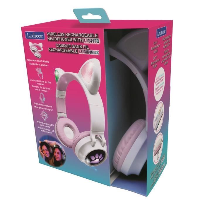 LEXIBOOK 2-in-1 -kissankorvakuulokkeet - Bluetooth 5.0 - pinkki - lapsille 4-vuotiaista ylöspäin