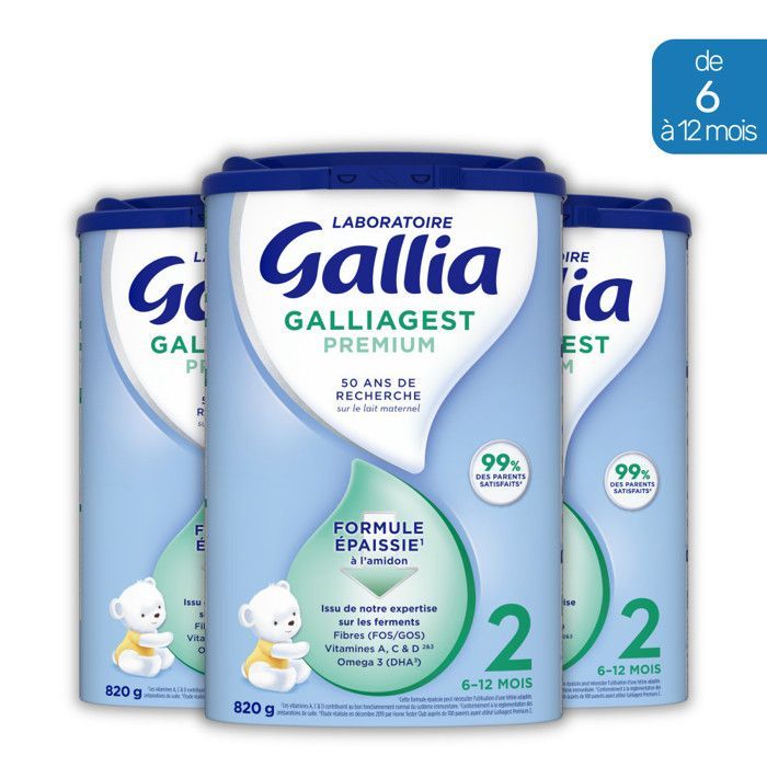 cajas de leche en polvo Galliagest Premium 2 (3 x 820 g) - Gallia, de 6 a 12 meses
