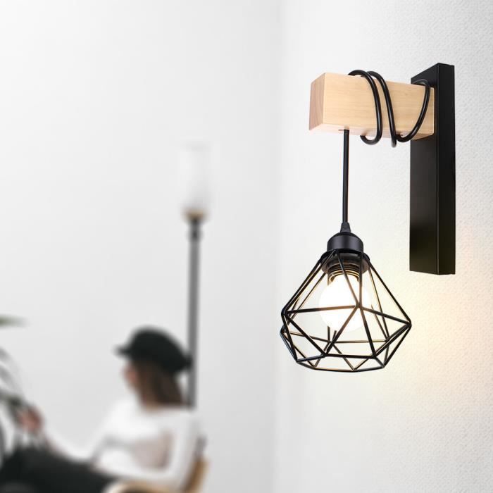 COUNT Vintage Industrial Loft Indoor Wall Sconce, 2pcs Retro Cage Wall Sconce in Black Metal and Wood for Living Room, Bar, Cafe