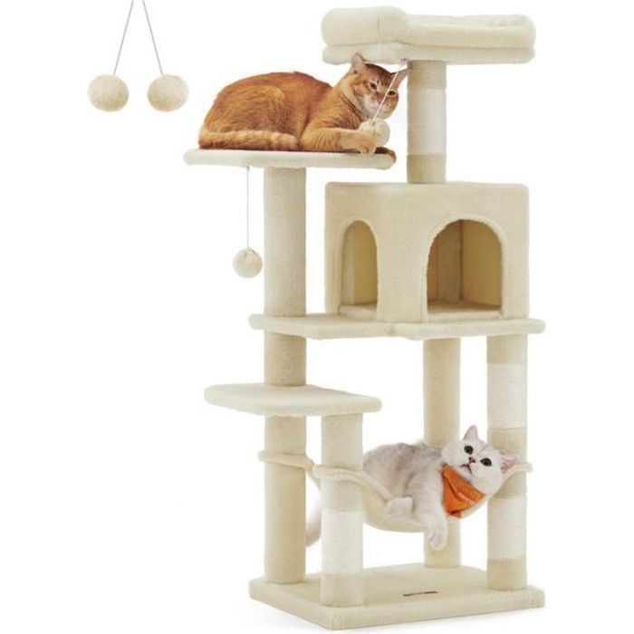 Feandrea Arbre à Chat Hauteur 112 cm, avec 4 Poteaux à Griffer, 2 Plateformes, 1 Niche, 1 Hamac, 2 Pompons, Multi-Niveaux, Beige