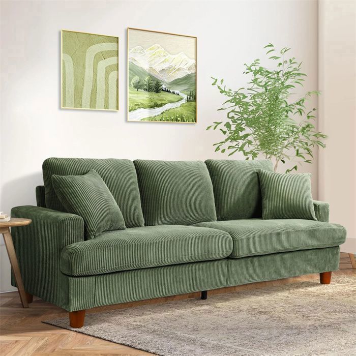 Sofá grande de 3 plazas de pana verde, estilo escandinavo, para salón, con 3 cojines y 2 almohadas, 220 × 76 × 84 cm.