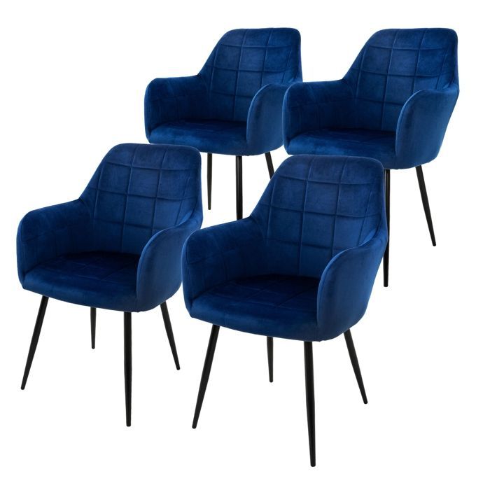 Juego de 4 sillas de comedor ML-Design - Azul oscuro - Estilo retro - Asiento tapizado con aspecto de terciopelo - Patas de metal negro