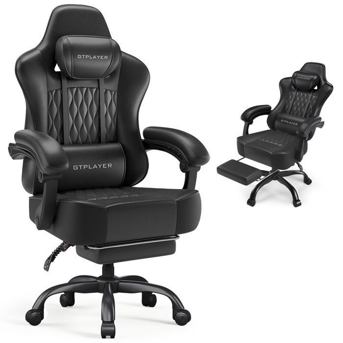 Silla gaming ergonómica, sincronizada, reposabrazos ajustables, cojines lumbares/para la cabeza, asiento de tela gruesa - Negra