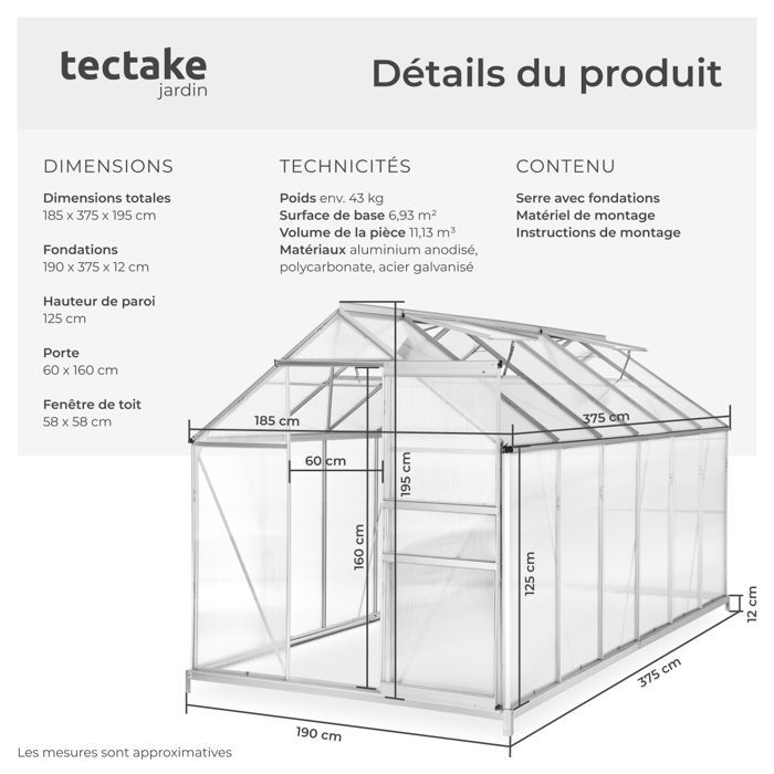 Garden greenhouse - TECTAKE - Outdoor polycarbonate greenhouse, 11.13 m³ surface area, sliding door, 185 x 375 x 195 cm with foundation