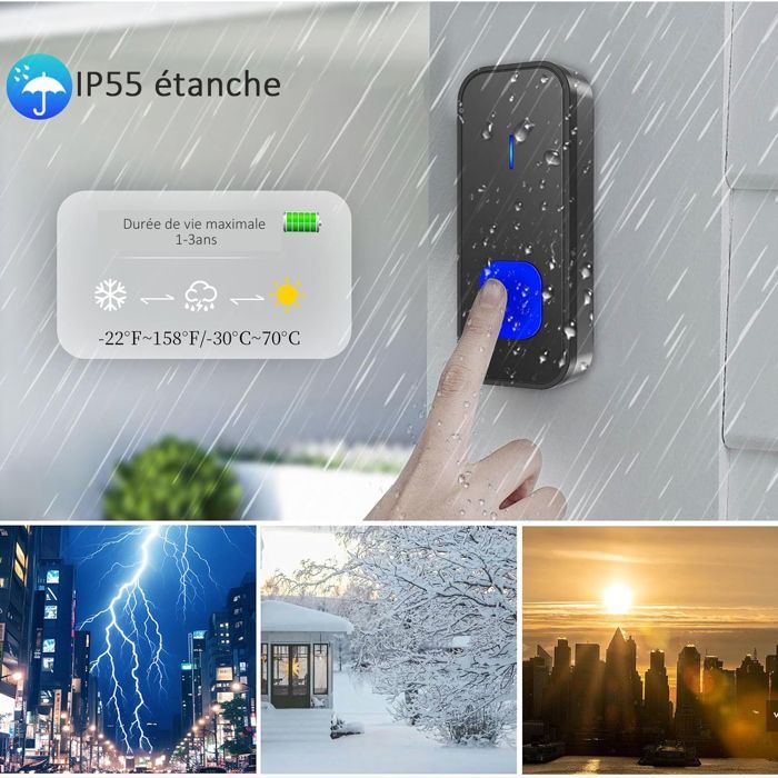 Timbre inalámbrico de largo alcance (300 m), resistente al agua, electrónico, con 55 melodías, 5 niveles de volumen y LED azul. Incluye 1 transmisor y 2 receptores.