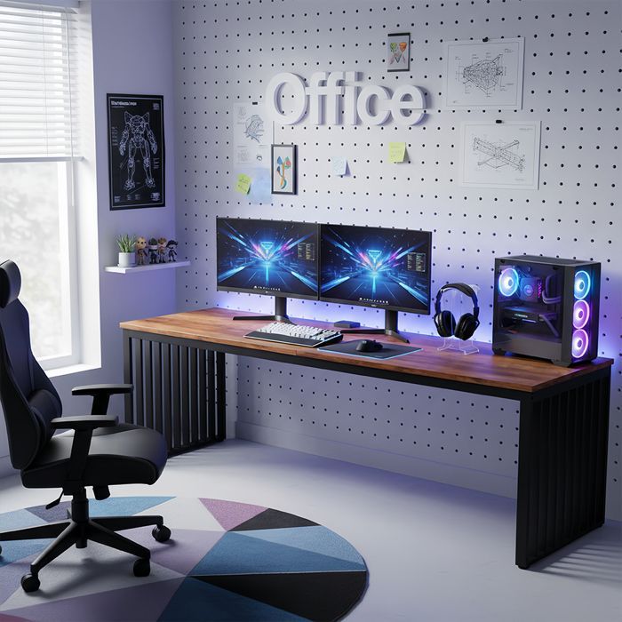 Large 180x76x60 cm computer desk with sturdy metal frame - Workstation - Brown (chair not included)