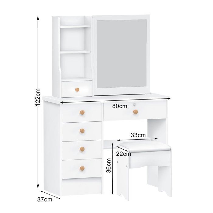 Coiffeuse avec miroir et tabouret - BIPLUT - 6 Tiroirs - Rangement Caché - Bois MDF - Poignées en Bois - 80x37x122 cm
