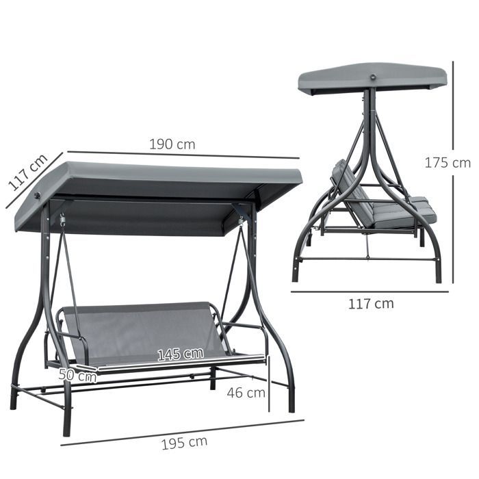 Outsunny metalen tuinschommel 195x117x175cm grijs