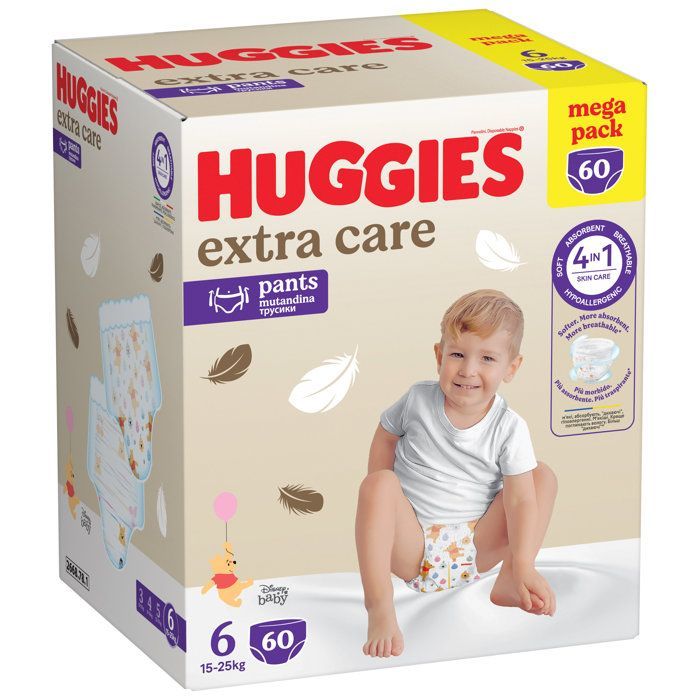 Huggies - Fraldas-calça Extra Care para Bebê - Tamanho 6 (15-25 kg) - Pacote com 60 unidades - Mega Pack - Hipoalergênicas, macias e respiráveis