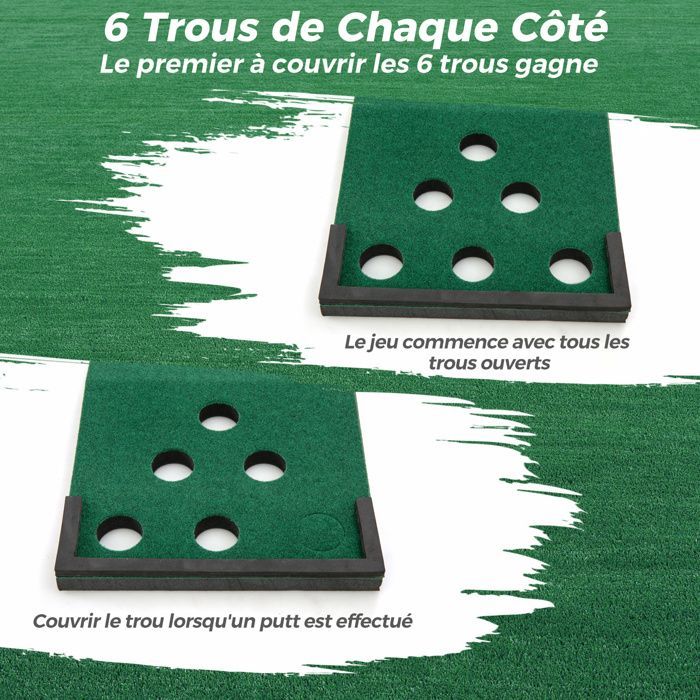 Tapete de práctica de golf COSTWAY de 332 cm con 2 putters ajustables, 6 pelotas y 12 fundas para hoyos, ideal para veladas familiares.