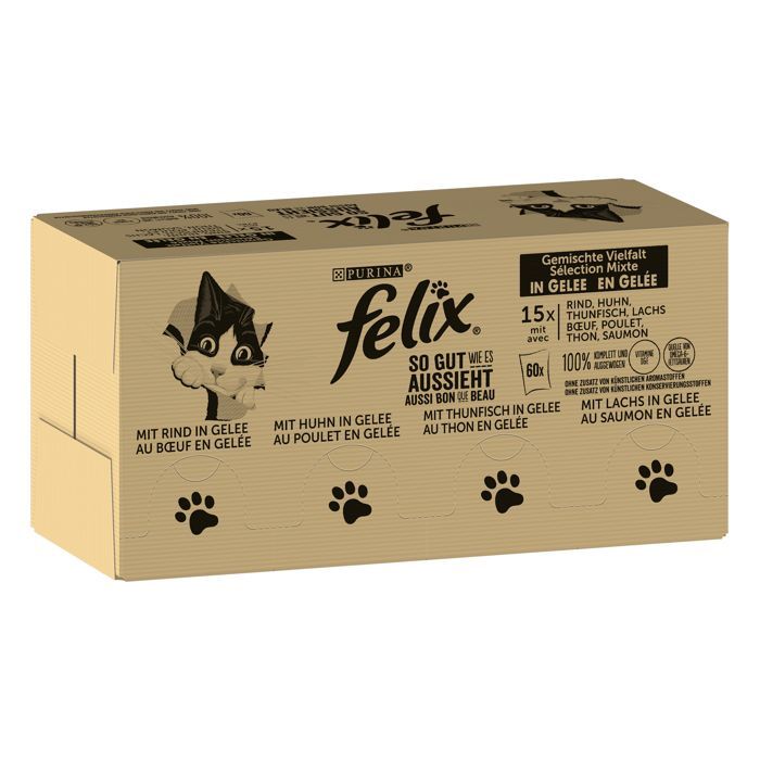 FELIX Petiscos Macios em Gelatina - Seleção Variada - 120 sachês de 85g - Embalagem para Gatos Adultos que Mantém o Frescor