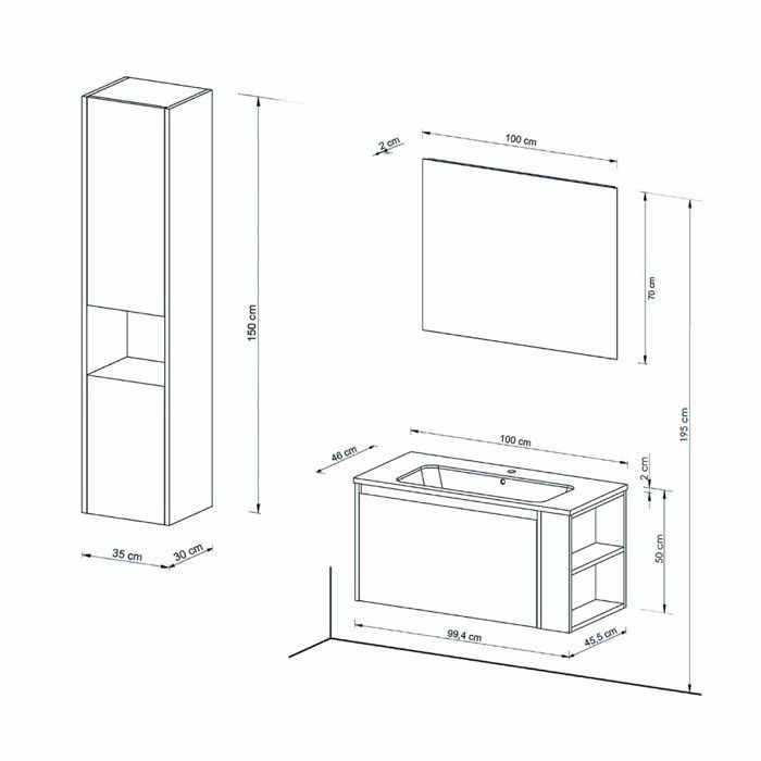 Mobile bagno VESNA con lavabo, specchio e colonna / Finitura rovere sbiancato