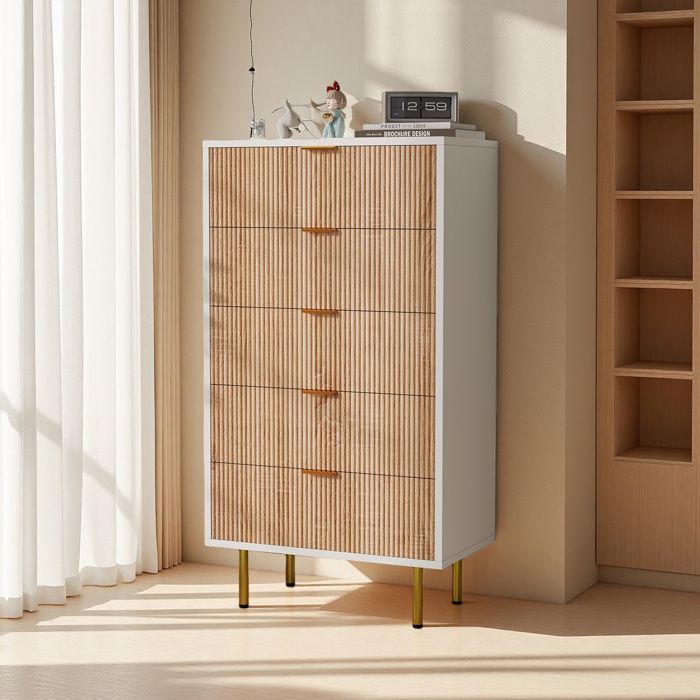 Commode 5 Tiroirs, Meuble Rangement Moderne, Coiffeuse, Meuble Chambre Bureau Salon Cuisine, 60x34x109cm, Multicolore