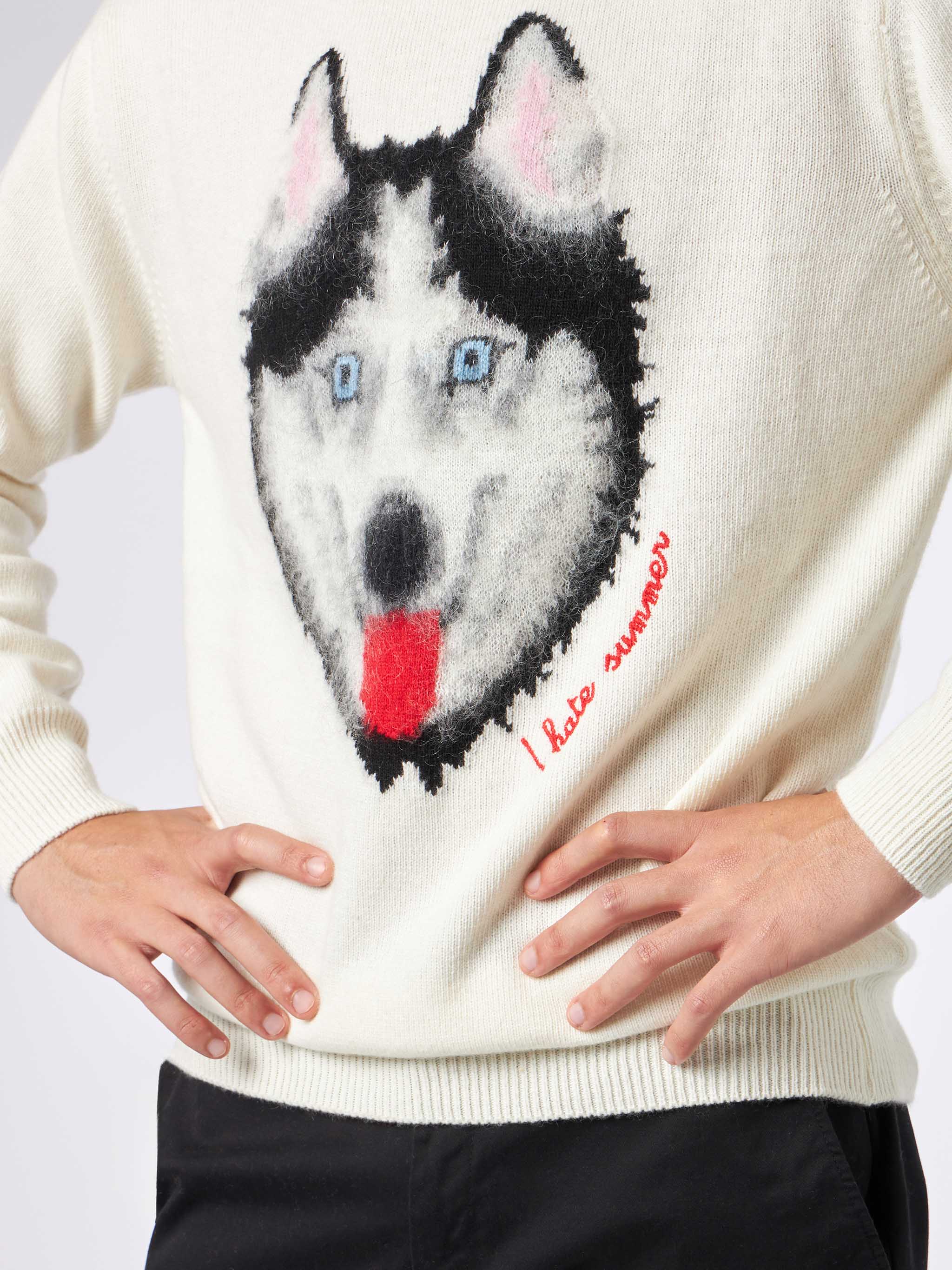 Pull homme à motif loup et broderie « Je déteste l'été »