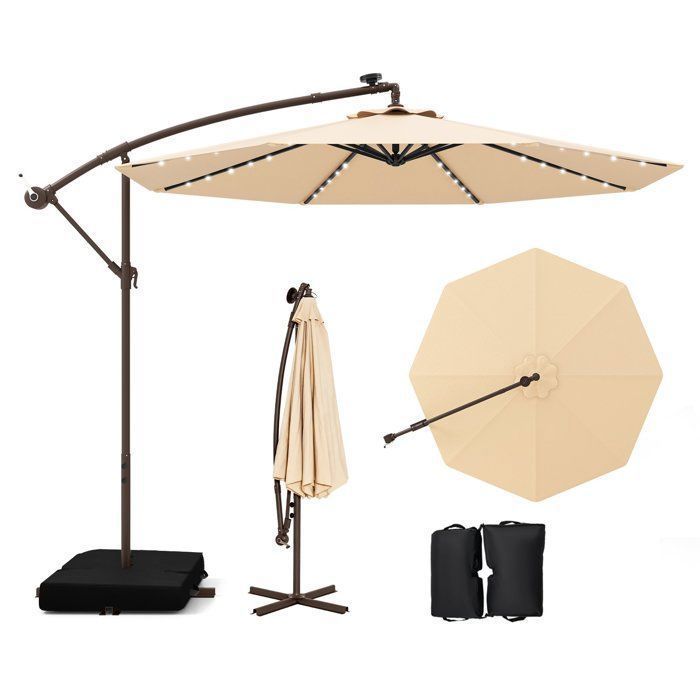 3M Cantilever Parasol - 40 LED-lampjes - COSTWAY - Kruisvoet met zandzak - Beige - UV-bescherming 20+ - Zonnepaneel voor 6 uur