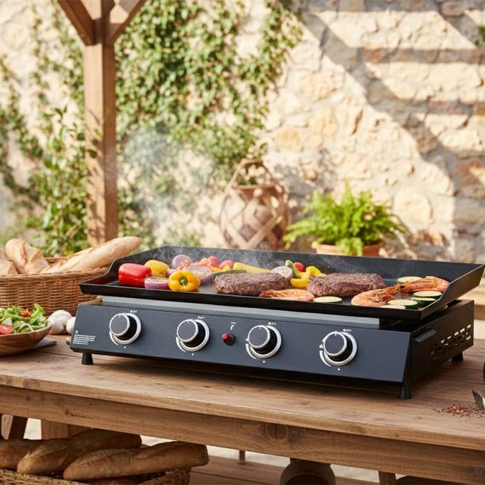 Chapa a gás Alma com 4 queimadores - COOKING BOX BY FAVEX - Placa de aço esmaltado 77,5 x 33,8 cm - 4 queimadores 9,6 kW - Serve 12 pessoas - Preta