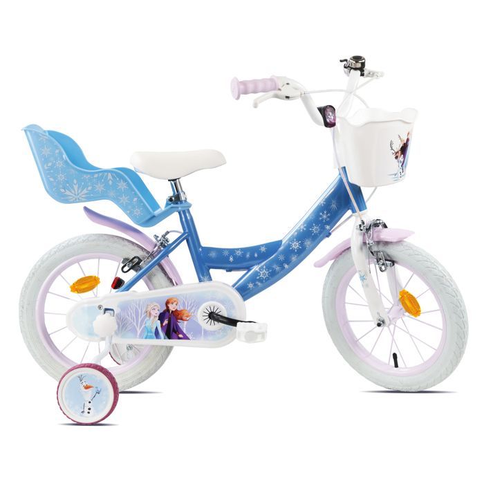 14-Zoll-Mädchenfahrrad „Die Eiskönigin“ (3–5 Jahre) – Blau – Ausgestattet mit 2 Bremsen, Puppenträger und Frontkorb