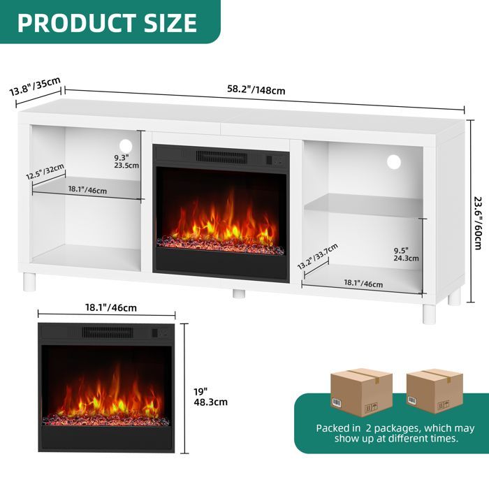 Chimenea eléctrica de 148 cm con calefactor para balcón - Efecto de llama LED 3D - 1800 W - Mando a distancia - Blanca