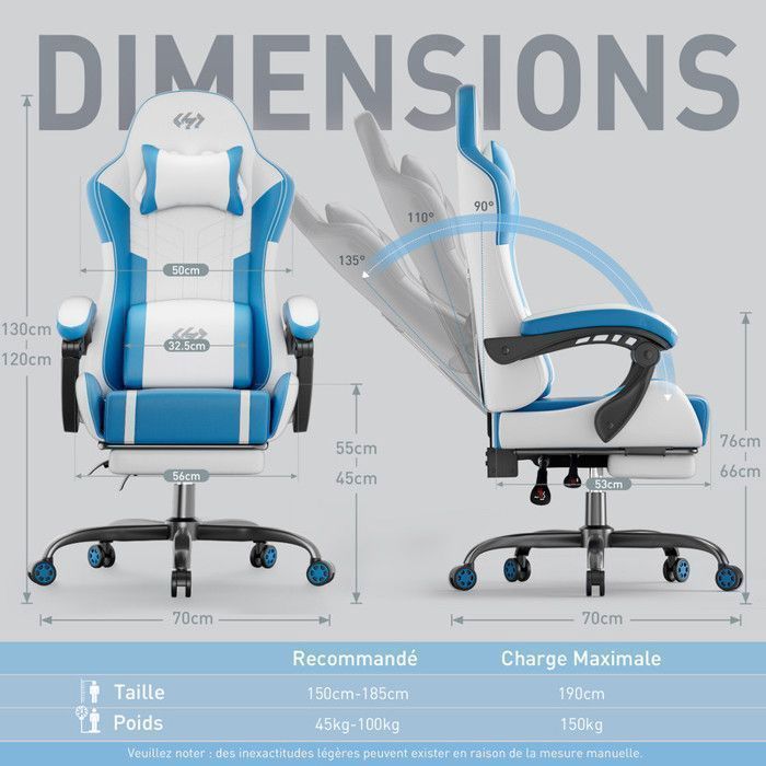 ECOFURNIX Fauteuil de Bureau Massant, Fauteuil Gaming Réglable avec Coussin de Massage Lombaire et Repose-Pieds, Blanc et Bleu