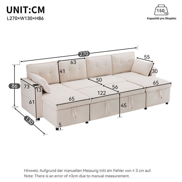 Großes U-förmiges Familiensofa, ausziehbares Schlafsofa, integrierter Stauraum und Getränkehalter – ideal für Wohnzimmer und Lounge
