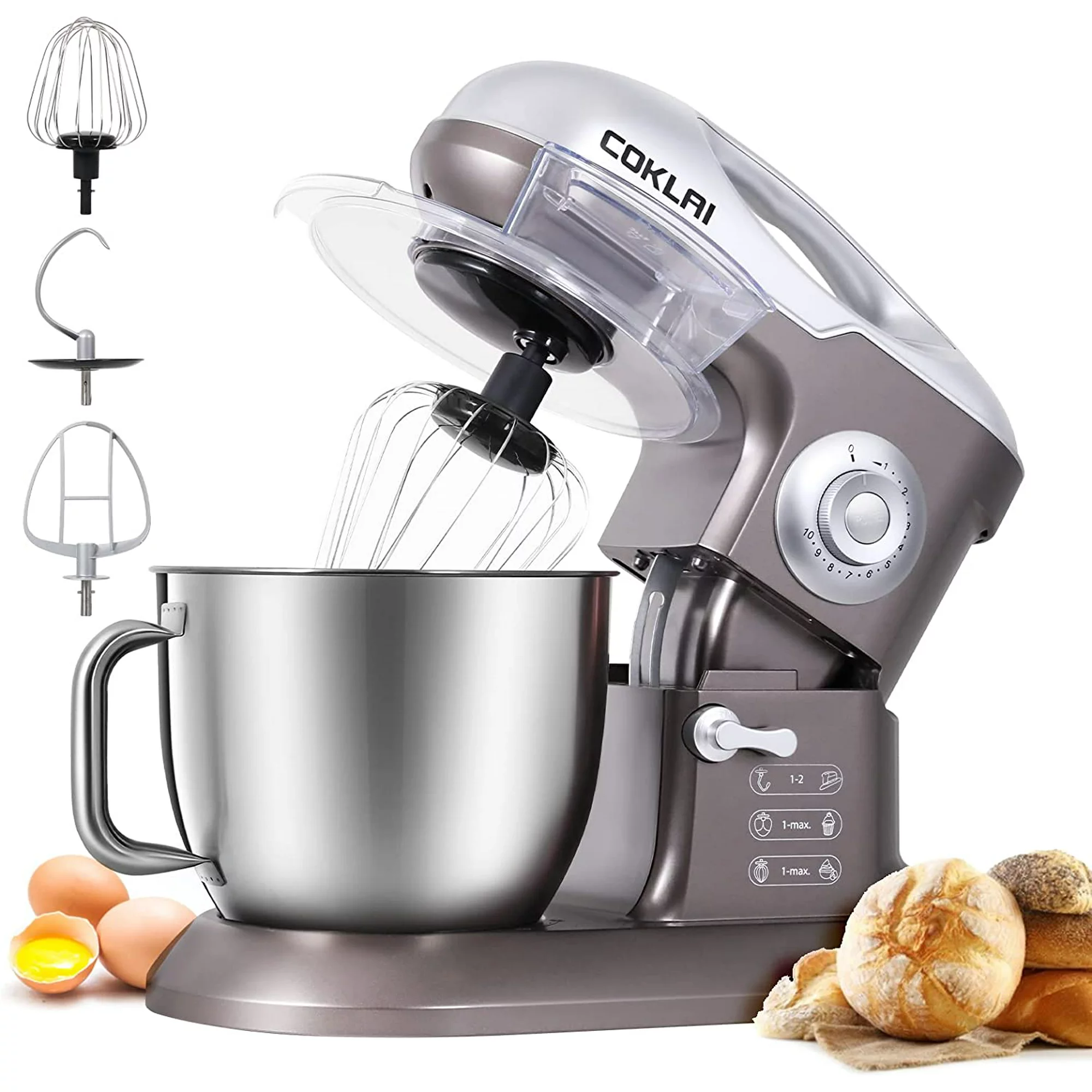 COKLAI Staande Mixer, 10 Snelheden, Kantelbare Kop, 660W, 7,3 QT Elektrische Mixer met Roestvrijstalen Mengkom, Keukenmixer met Deeghaak, Platte Klopper, Garde en Spatbescherming