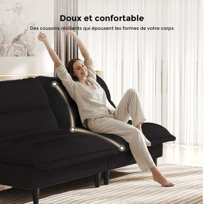 Sofá cama convertible 3 en 1 en color negro, respaldo ajustable, tapizado en terciopelo blanco lechoso, cómodo e ideal para espacios pequeños.