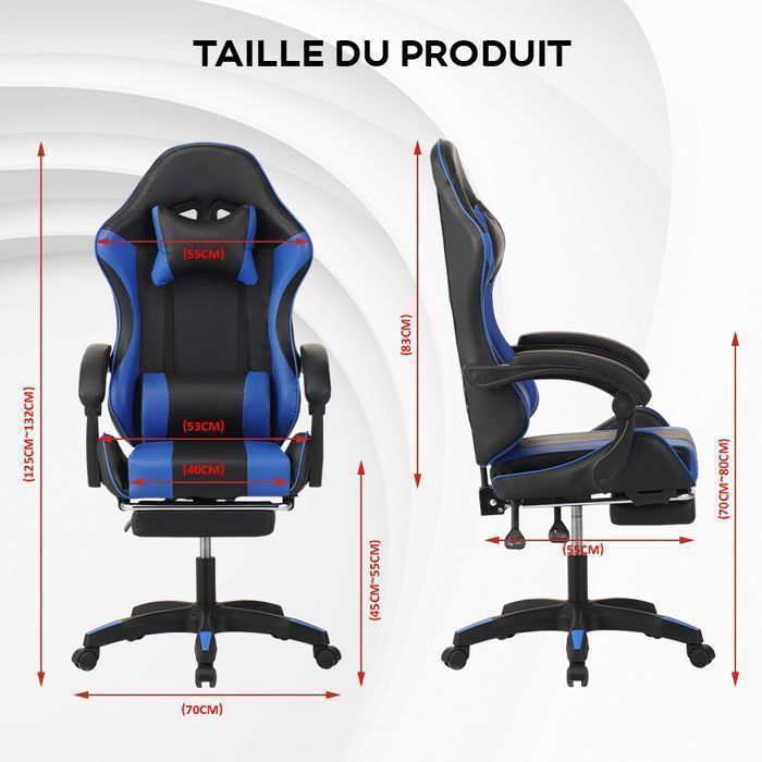 Sedia da gaming - Poggiapiedi telescopico - Poggiatesta - Supporto lombare - Portata massima 150 kg - Blu